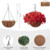 24 Pcs Artficial Outdoor Flowers With Hanging Baskets, 2 Pack Hanging Planter With Red Outdoor Spring Flowers For Christmas Porch Home Patio Yard Decor (2, Red)