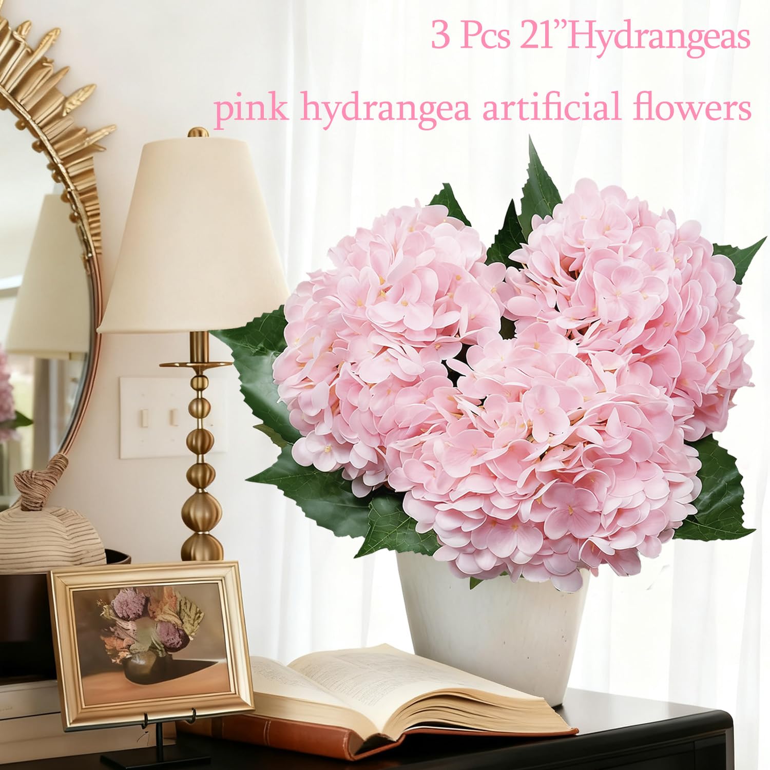 Pink Hydrangea Artificial Flowers 21 Inch Realistic Artificial Hydrangea Large Real Touch Flowers With Stems & Leaves For Wedding Bouquets Centerpieces Home Decor Party Table Decoration (3Pcs )