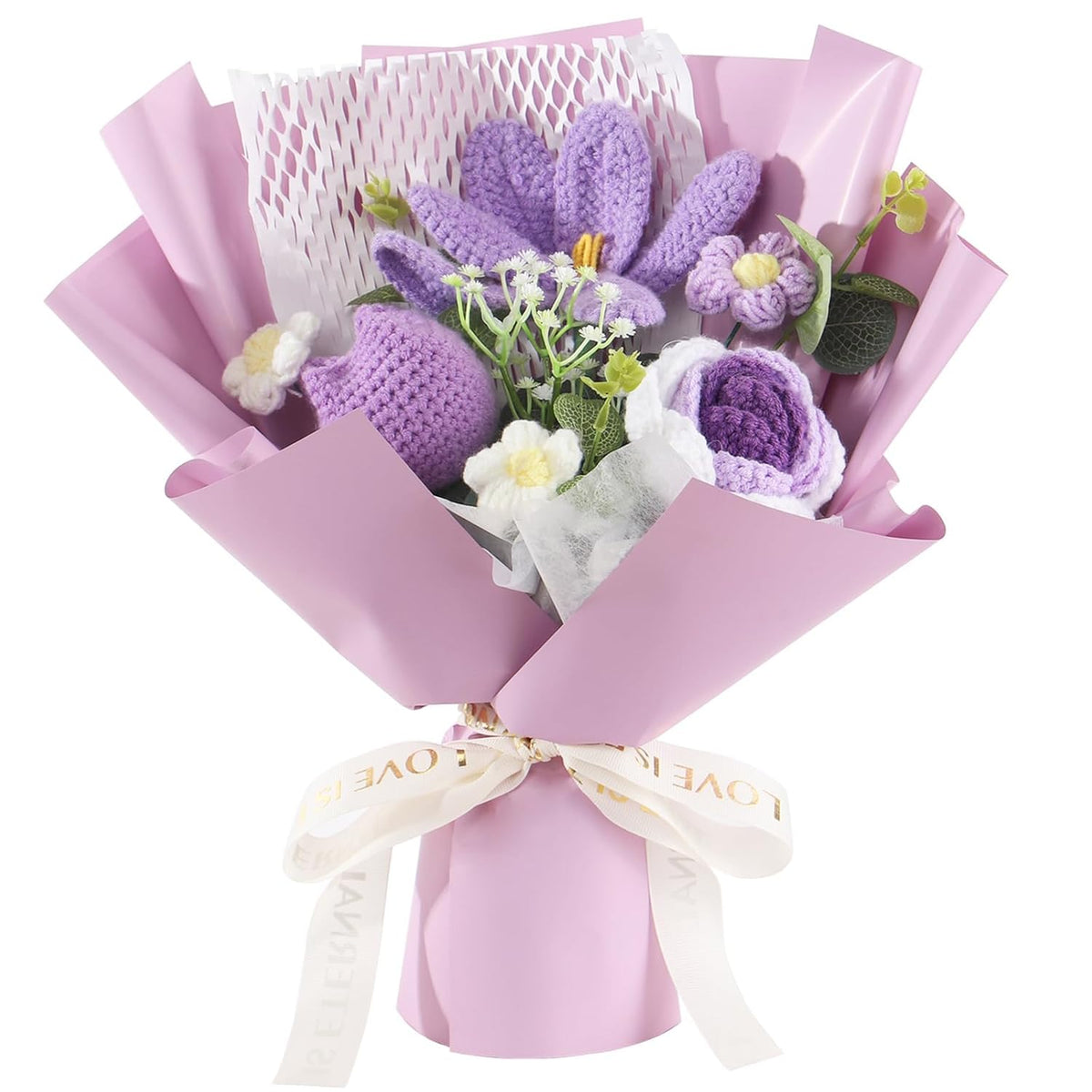 Crochet Flowers Bouquet With Crochet Rose, Tulips, Daisy A Gift For Lover, Mother, Teacher, Friends,Handmade Crocheted Yarn Flowers, Artificial Flower Finished Bouquet(Purple)