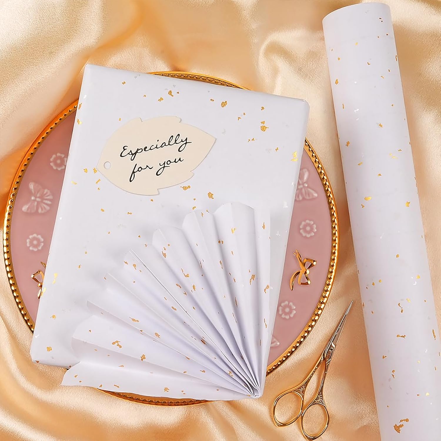 Gift Wrapping Paper Roll - 17Inch×33Feet, White And Gold Foil Wrapping Paper, Silver And Gold Foil Flake Design, Matte Kraft Gift Wrap Paper For Birthday Wedding Baby Shower Christmas And All Occasions
