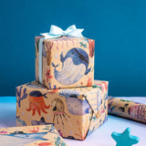 Baby Wrapping Paper Neutral Kraft Paper Roll, Mini Roll, Pirate Themed Ocean Design With Whales And Marine Organism, Ideal For Baby Shower And Birthday Party, 17 Inches X 16.4 Feet