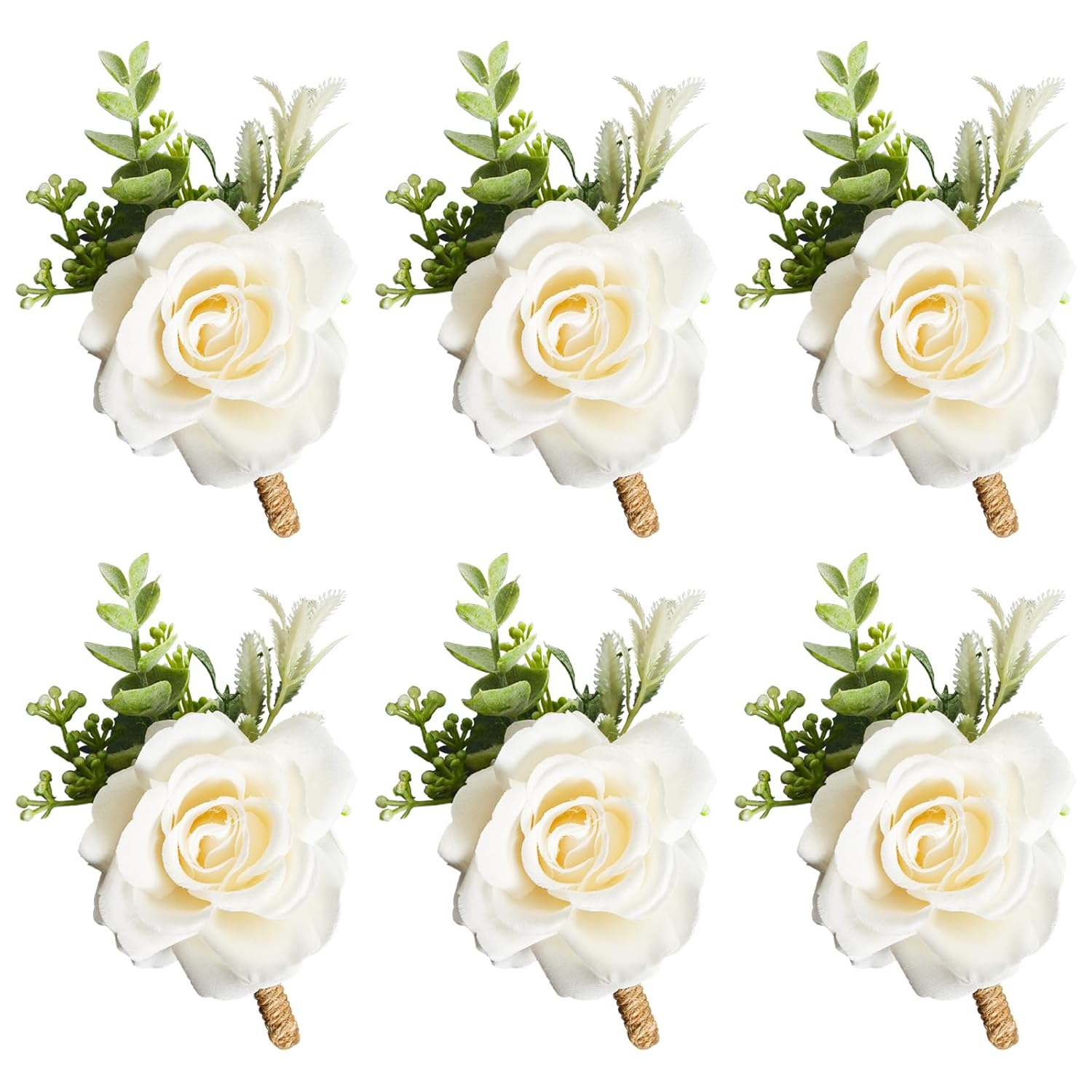 Ivory Rose Boutonniere For Men Wedding Set Of 6 Groom Groomsmen Best Man Artificial Flowers Boutonniere For Wedding Ceremony Anniversary Prom Flowers Formal Dinner Party (6, White, Middle)