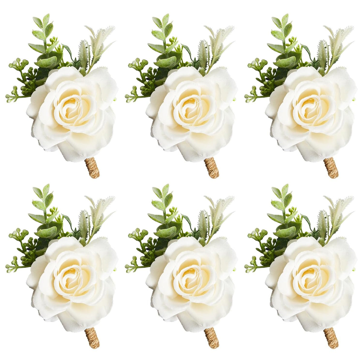 Ivory Rose Boutonniere For Men Wedding Set Of 6 Groom Groomsmen Best Man Artificial Flowers Boutonniere For Wedding Ceremony Anniversary Prom Flowers Formal Dinner Party (6, White, Middle)