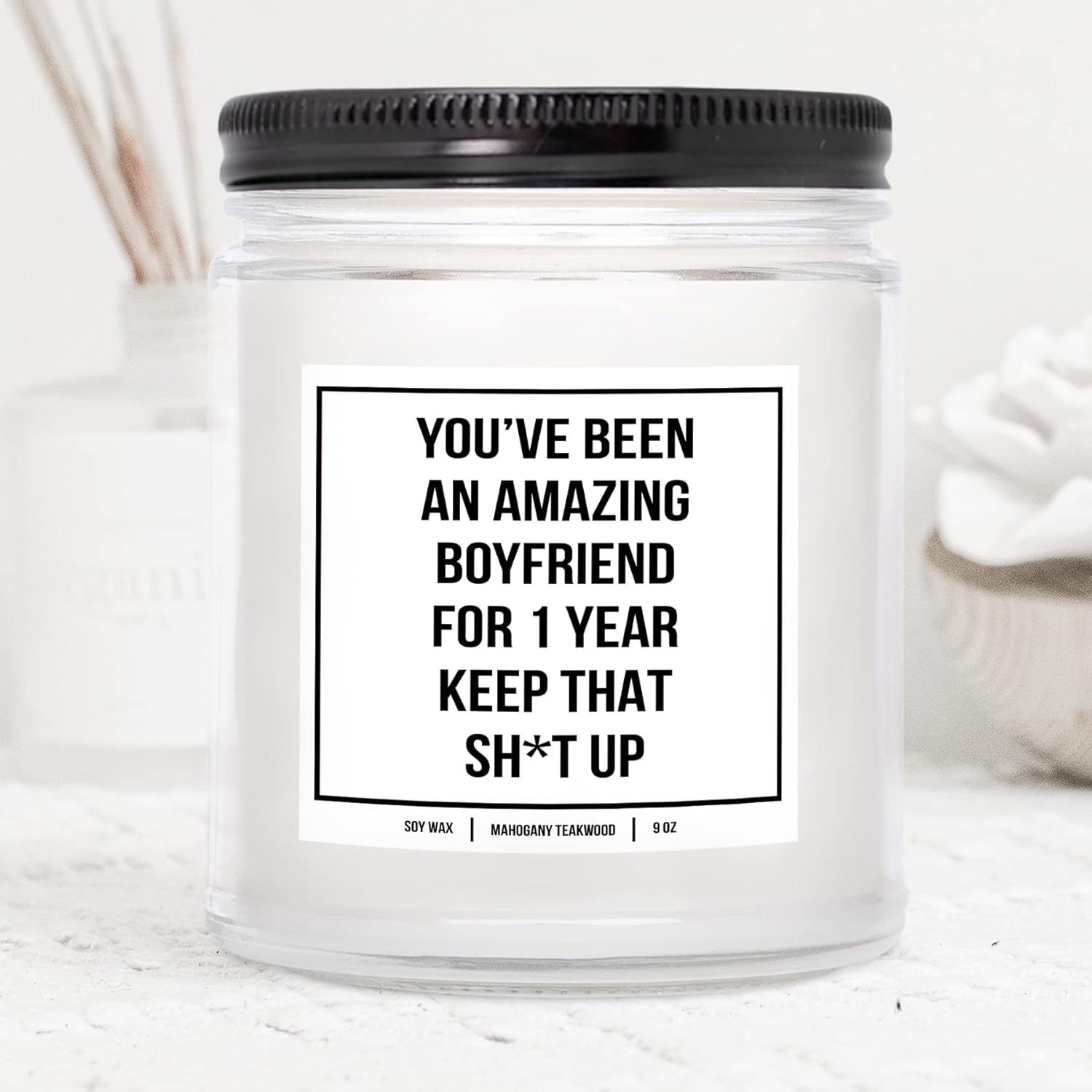 You Nique Designs 1 Year Anniversary Candle For Boyfriend, 9 Ounces, One Year, 1 Year Boyfriend Anniversary Candle, White All Natural Soy Vegan Aromatherapy Candles Scented (Eucalyptus & Spearmint)