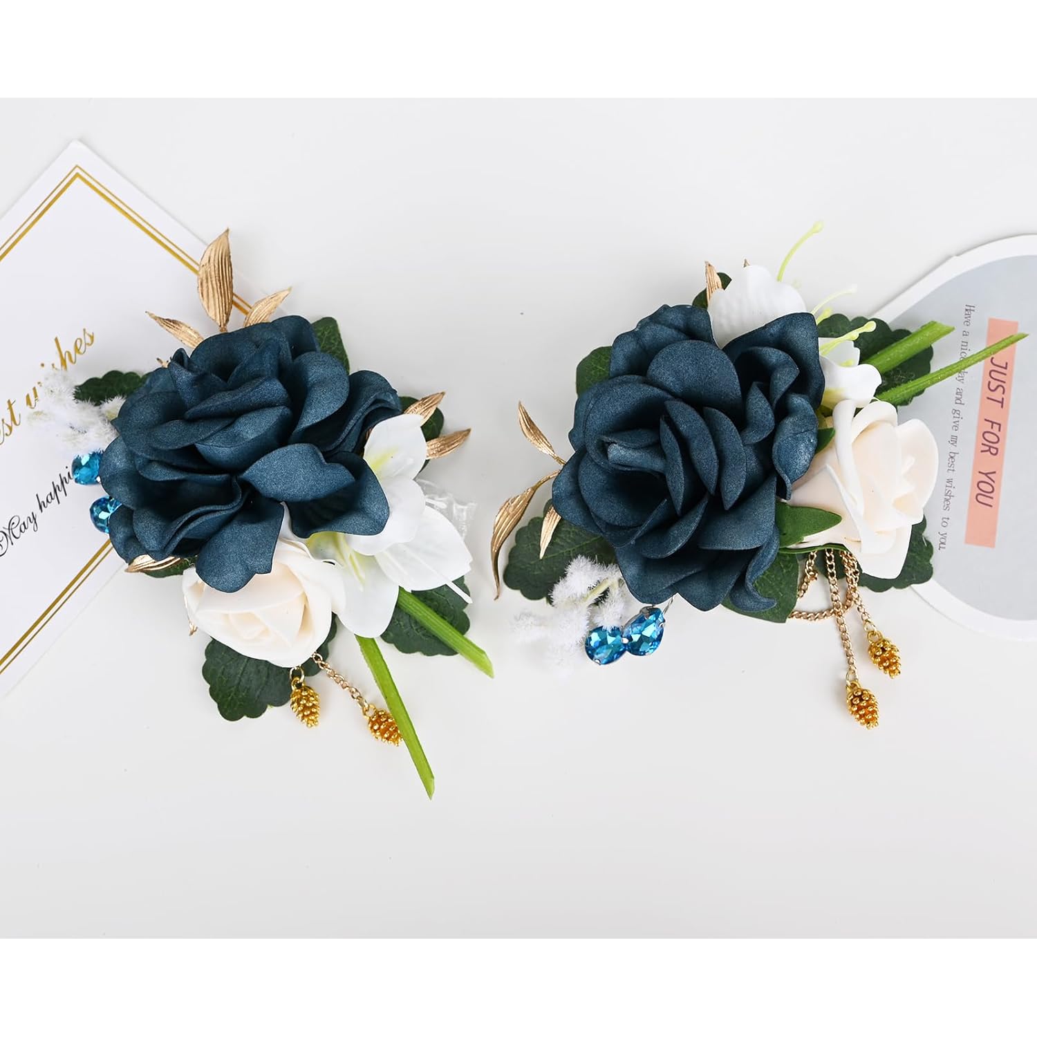 2 Pieces Artificial Flowers Corsage And Boutonniere Set For Wedding Prom Party Celebration Business Event Suit Decorations-Blue (W4-B1-Zzh)