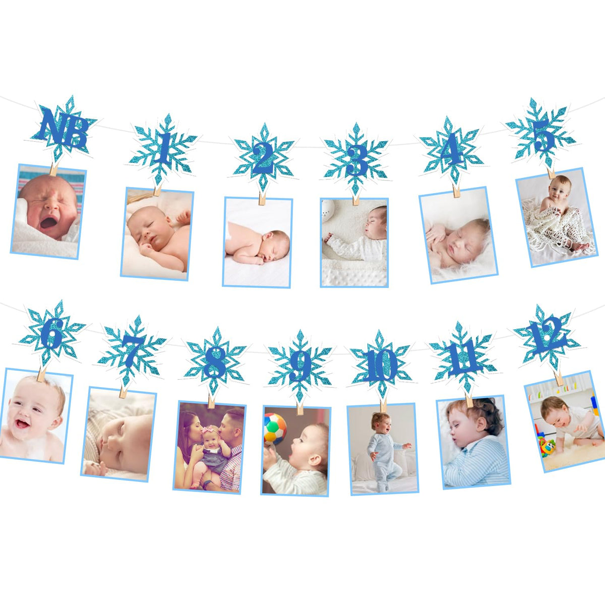 Snowflake 1St Birthday Photo Banner For Boy From Newborn To 12 Months, Winter Wonderland Monthly Milestones Bunting Garland For Christmas First Birthday Party Decoration (Blue)