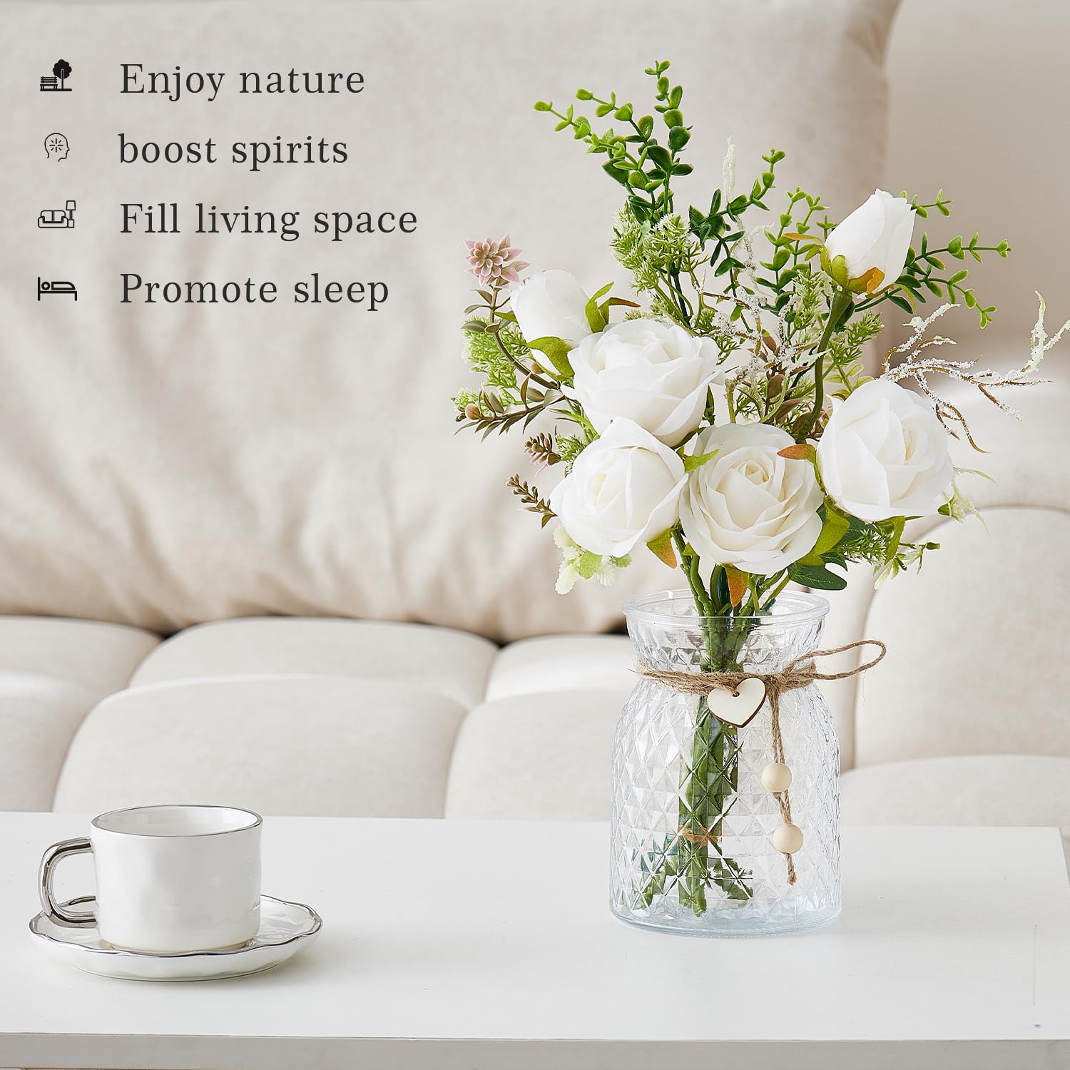 Fake Flowers With Vase, Faux Flowers In Vase, White Silk Rose Artificial Flowers Bulk Arrangements For Home Decor For Living Room Bathroom Office Table Centerpiece Shelf Decorations