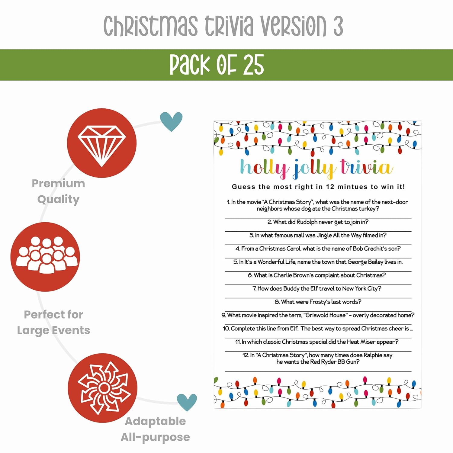 Festive Lights Christmas Trivia Party Games For Adults, Groups, Thanksgiving, Office, Holiday Movie And Song Activity, Colorful Xmas, 25 Pack, 5X7 Cards, Version 3