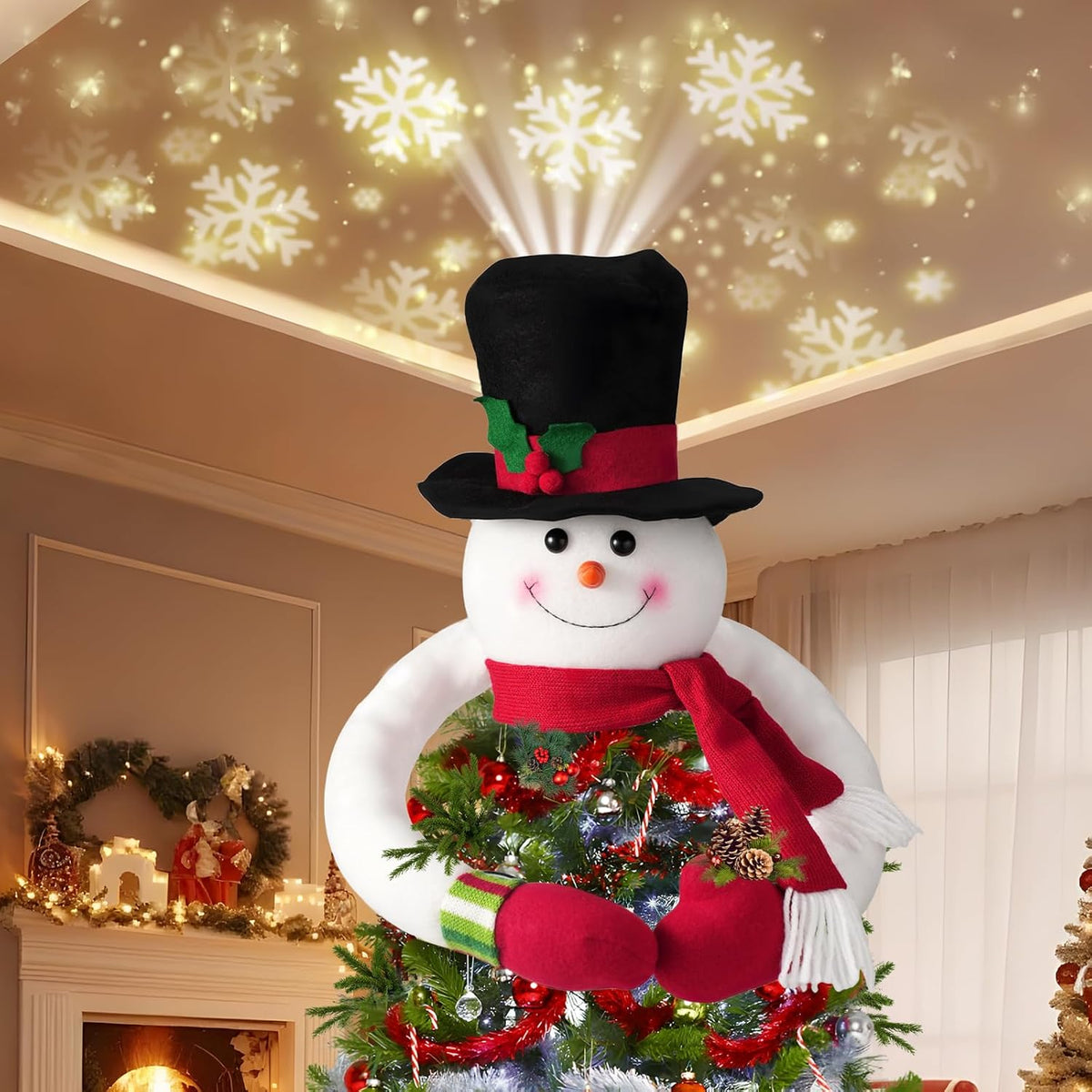 Lighted Christmas Tree Topper Christmas Snowman Tree Topper Projector 3D Led Snowman Hat With Rotating Snowflake Projection, Festive Holiday Decoration For Christmas Tree&Home Décor