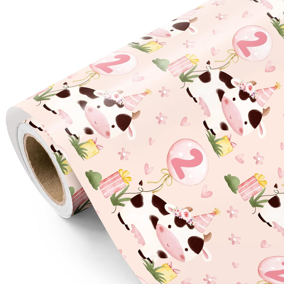 Girl 2Nd Birthday Wrapping Paper - Mini Roll - 17 Inch X 16.5 Feet - 2Nd Birthday Balloon And Cute Cow Wrapping Paper Perfect For Kids Girls, Baby Shower