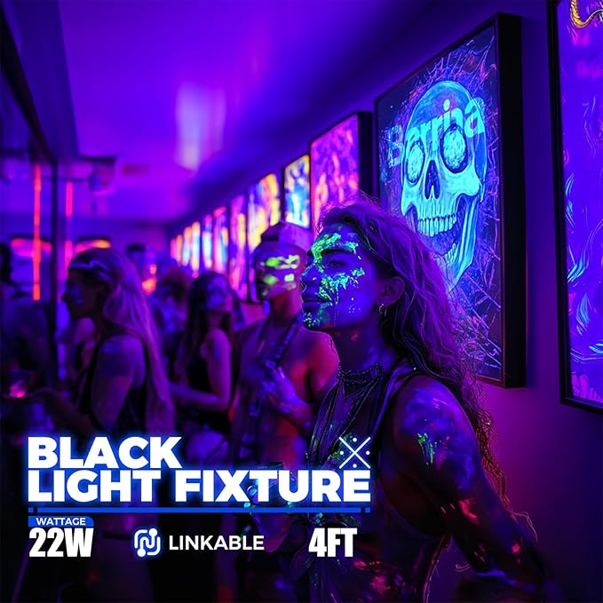 4 Pack 22W UV LED Blacklight Bar 4FT T5 Integrated Fixture with Switch for Glow Parties Halloween Decor