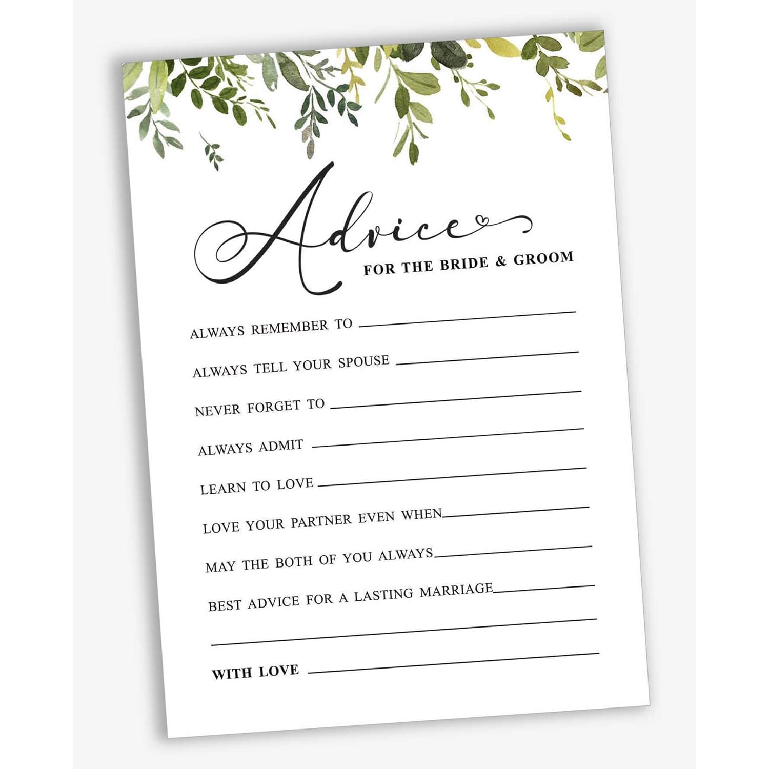Pack Of 50 Greenery Advice Cards, Advice & Wishes For The Bride And Groom, Mr And Mrs Wedding Game Activity 5X7 Inches