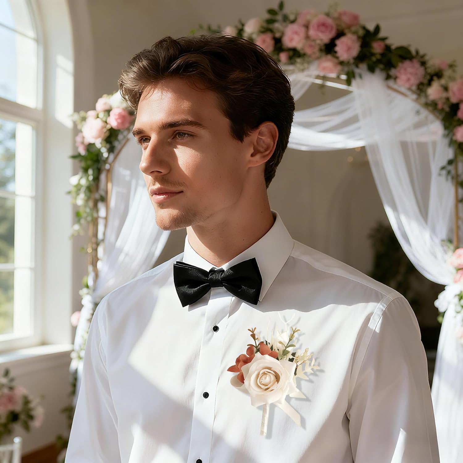 Champagne Corsage And Boutonniere Set,Boutonniere For Men,Flower Rose Wrist Corsage Bracelets,Homecoming Roses Corsages Wristlet For Wedding Mother Bride Groom Prom Accessories 2Pcs