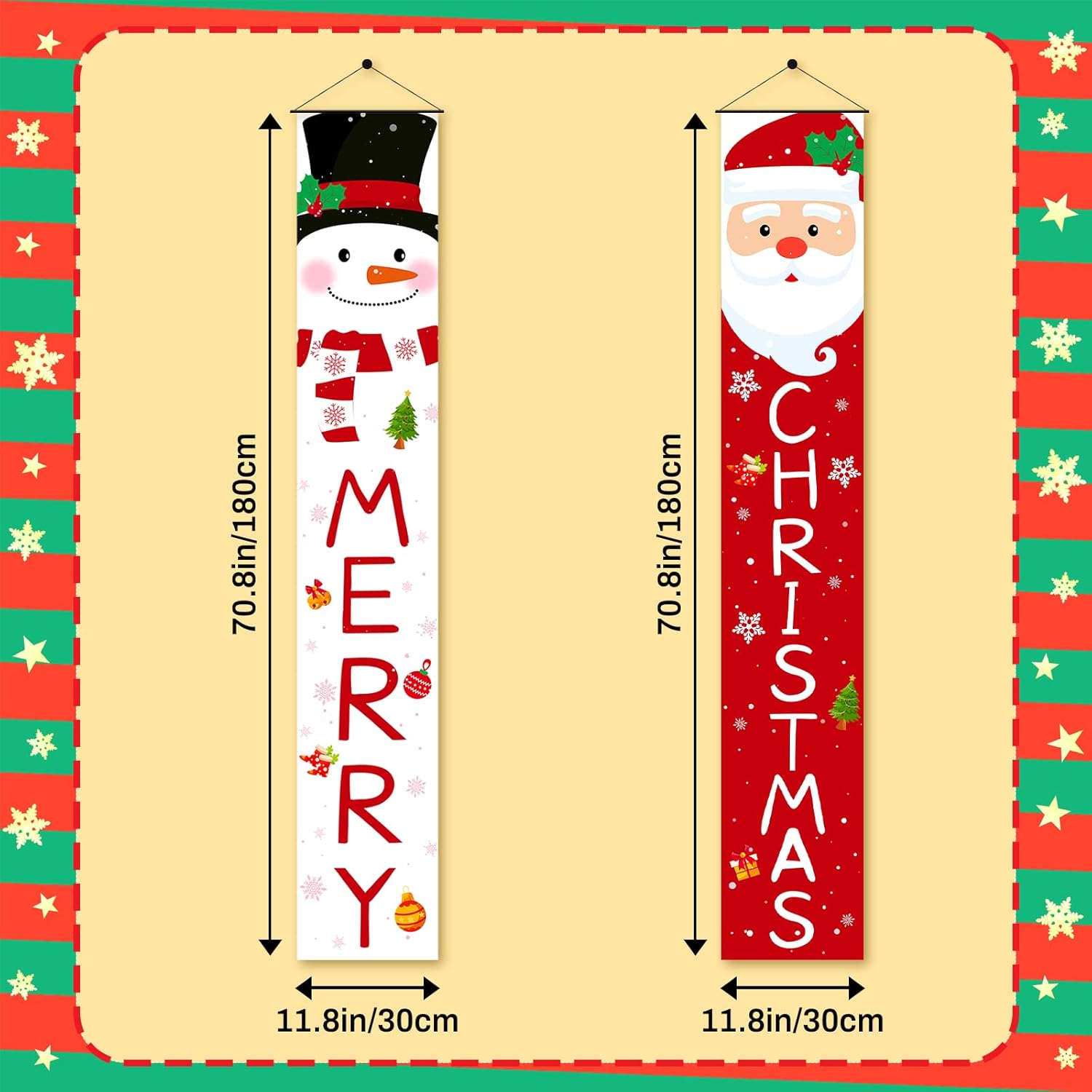 Christmas Outdoor Yard Banner | 2Pc Red White Santa Snowman Hanging Banner | Front Porch, Home, Indoor Outdoor, Garage Door, 71X13 Inches