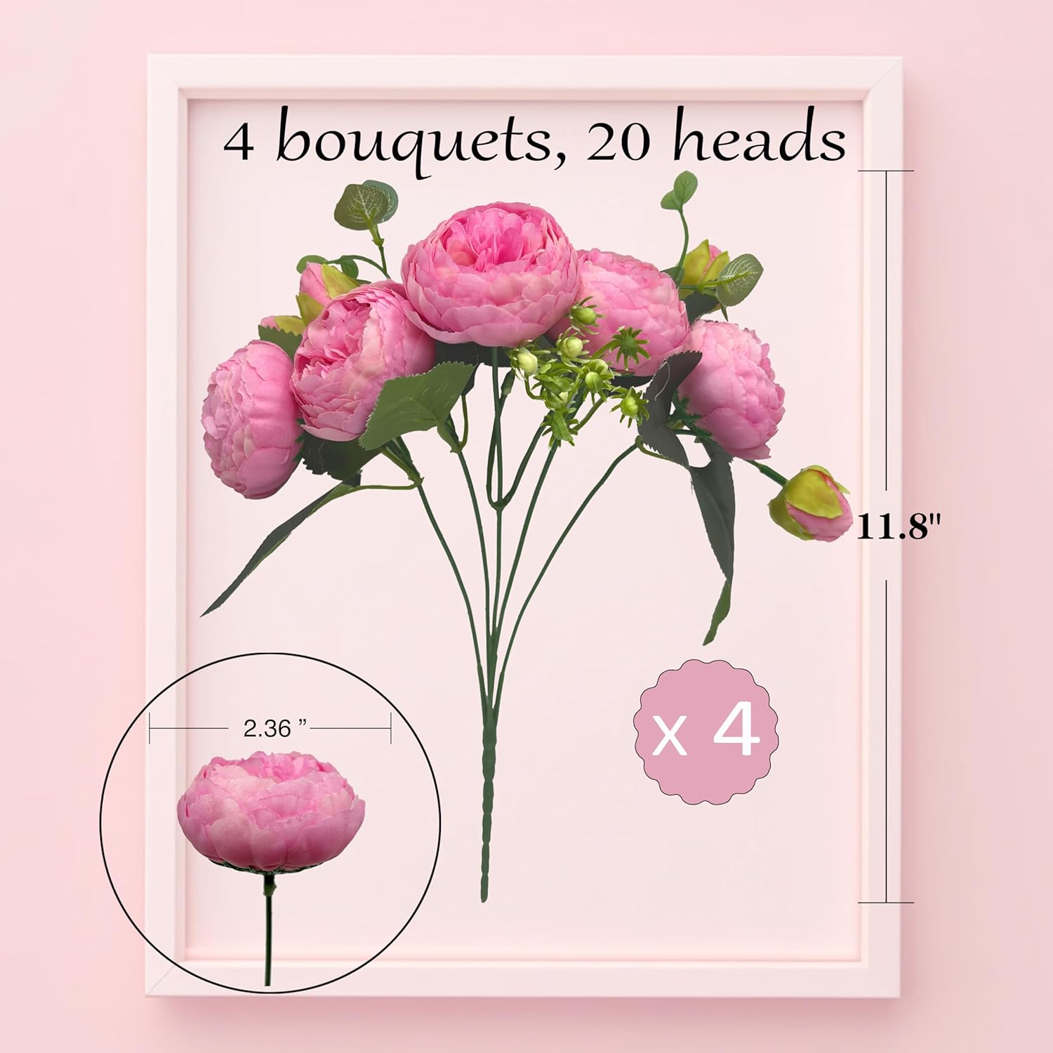 Artificial Peony Flowers, 4Pcs Silk Peonies Fake Peony Bouquets For Home Wedding Office Party Decor (Pink)