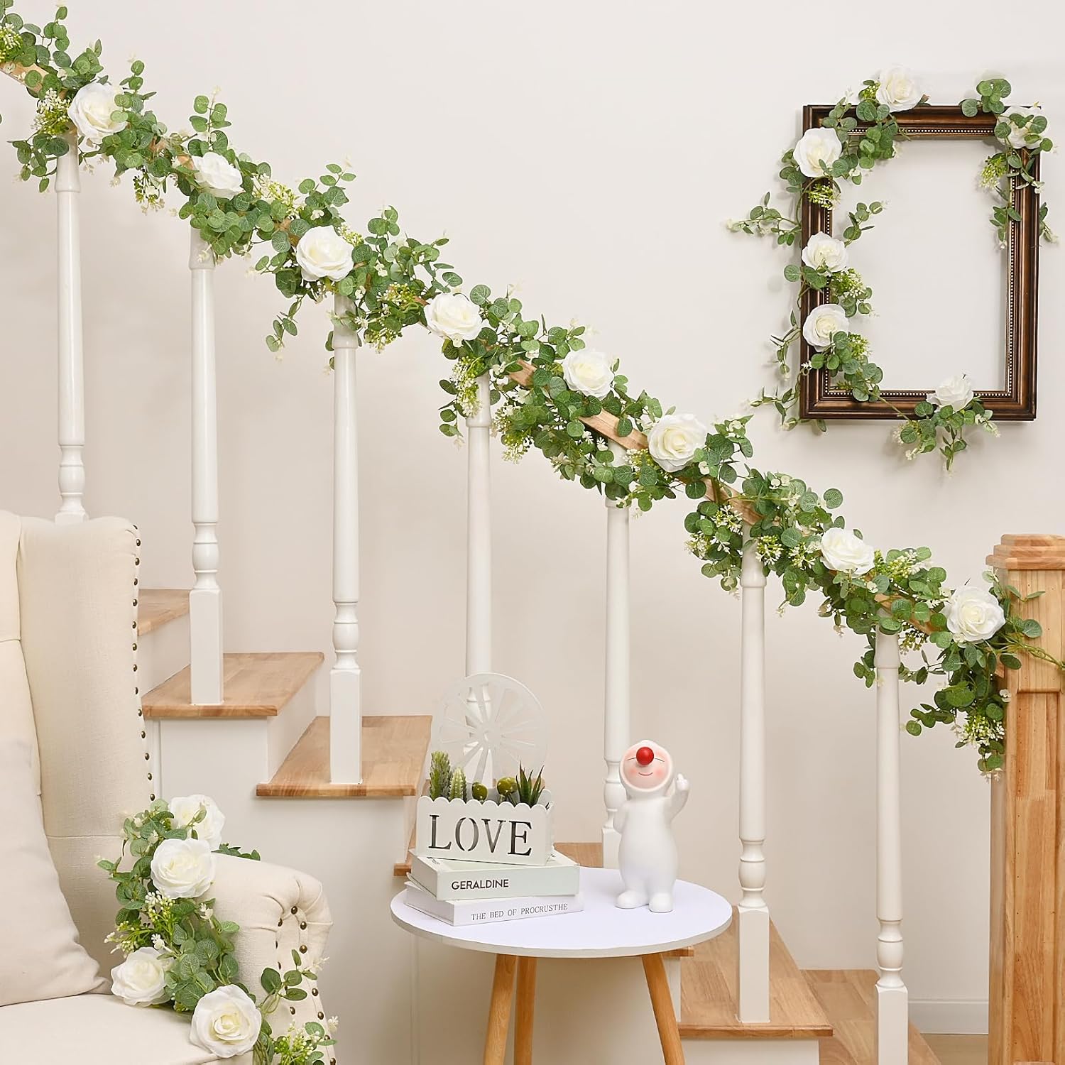 2Pcs 13Ft Artificial Eucalyptus Garlands With Flowers - 8 Roses, Faux Floral Greenery Garlands Fake Flowers Vines For Wedding Table Centerpieces Arch Party Ceremony Backdrop Decor (White)