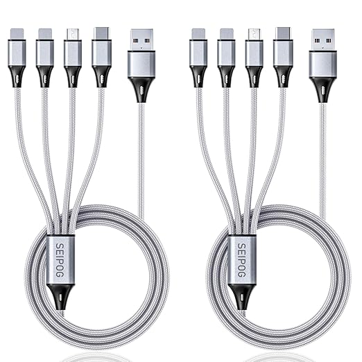 2 Pack 4 in 1 Multi Charging Cable 4FT 3A Fast Charging Nylon Braided Universal Charger Cord for iPhone Samsung Android