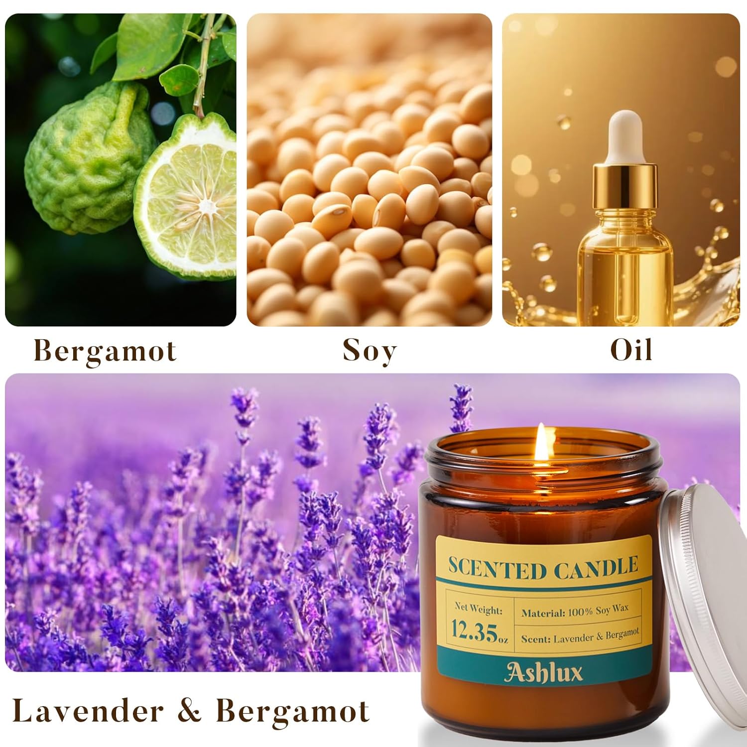 Lavender And Bergamot Candle,12.35Oz Scented Candles With 8% Essential Oils,70 Hour Burn Time Soy Wax Candles For Home Decor,Reading,Jar Candle Gifts For Women And Men