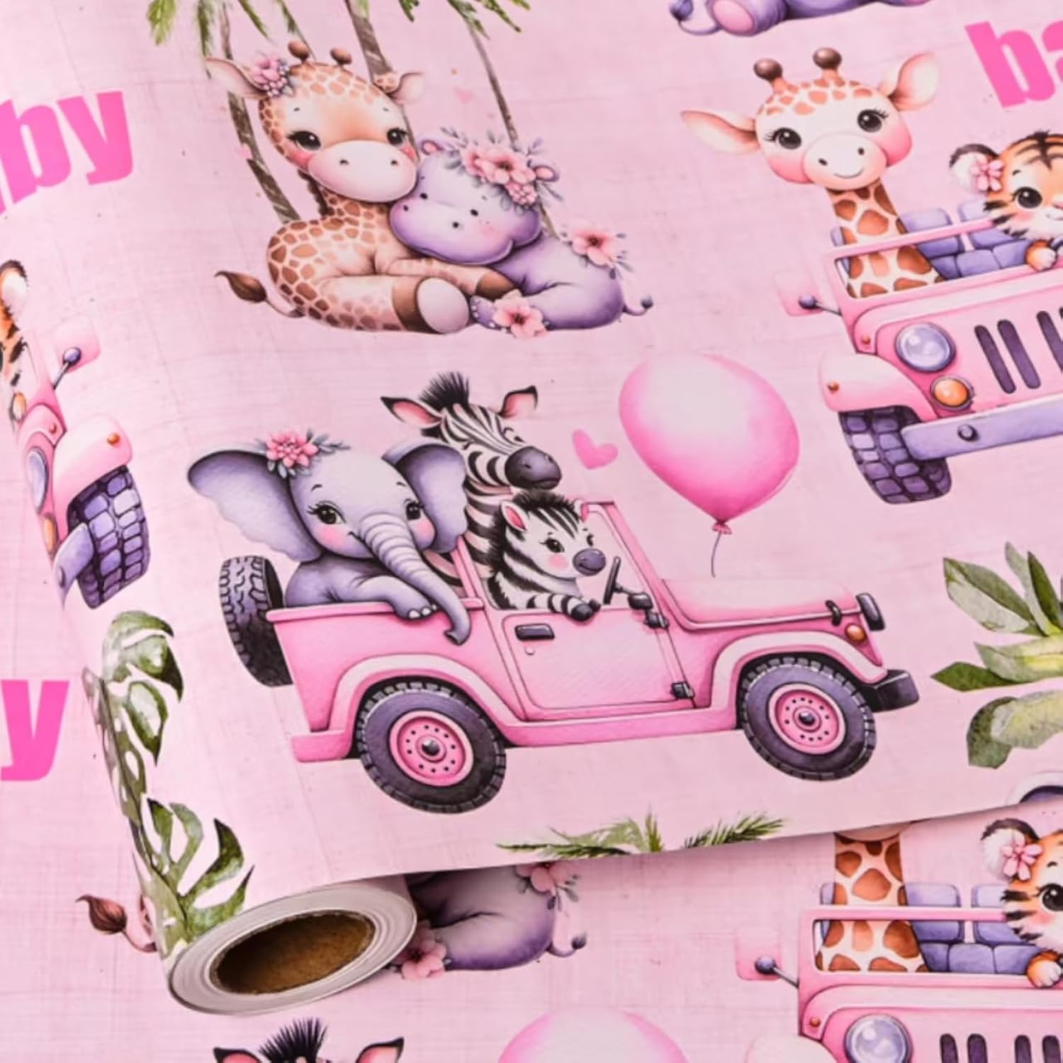 Baby Shower Wrapping Paper Roll - Pink Woodland Animals Truck Design Gift Wrap Sheets For Kids Boys Girls Baby Shower Party Decoration Celebration Total 28.5Sq.Ft