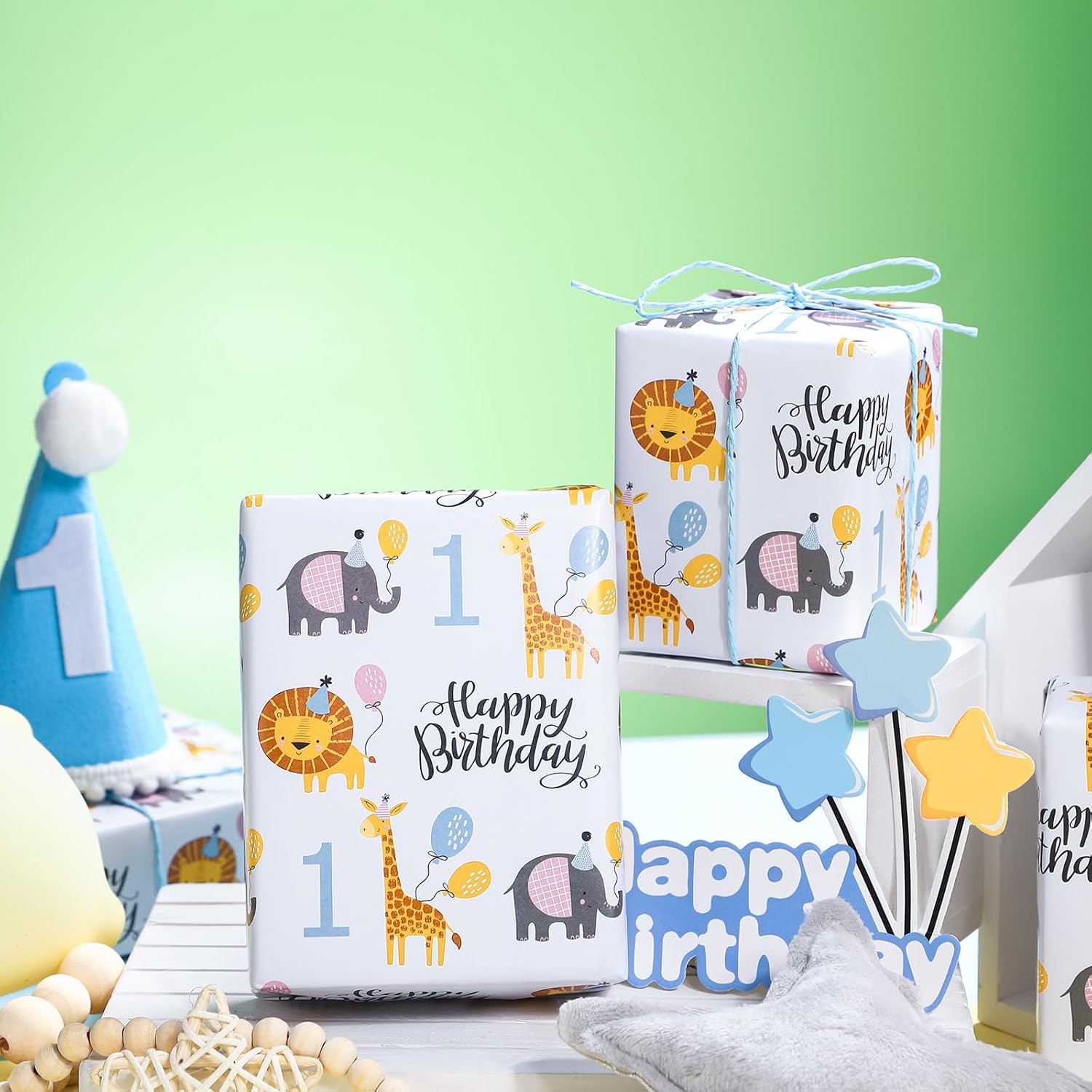 1St Birthday Wrapping Paper - Mini Roll - 17 Inch X 9.8 Feet - Cute Animal Wrapping Paper For Kids Girl Boy Birthday, Baby Shower