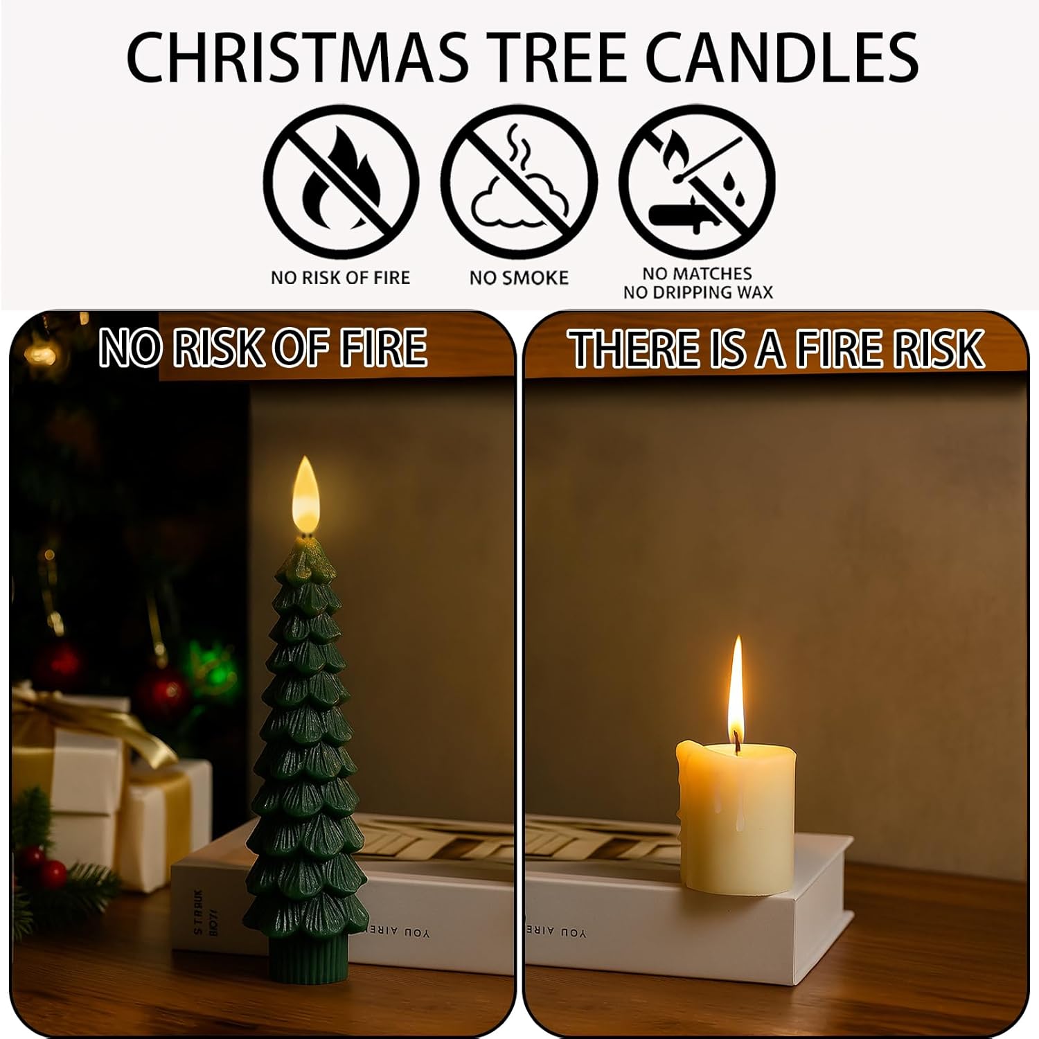 Christmas Decorations Indoor - 4 Pcs Christmas Tree Candles With Remote And Timer - Flameless Christmas Taper Candles - Battery Perated Green Led Candlesticks For Christmas Home Decor