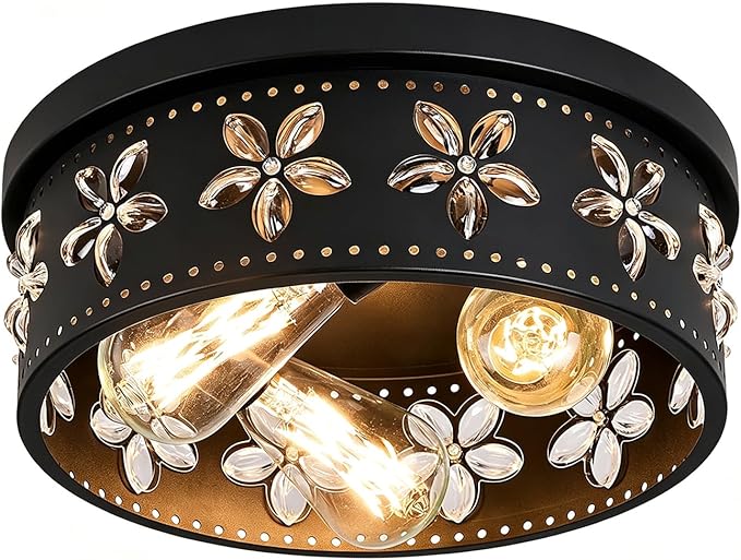 12.6 Inch Black Crystal Flush Mount Ceiling Light 3 Light Farmhouse Fixture