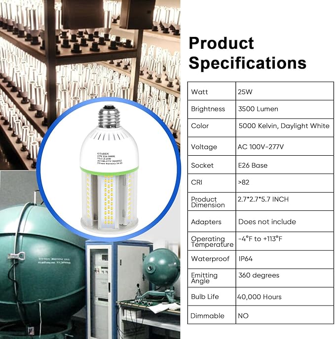 E26 LED Corn Light Bulb 25W 250W Equivalent 3500 Lumens 5000K Daylight White High Brightness