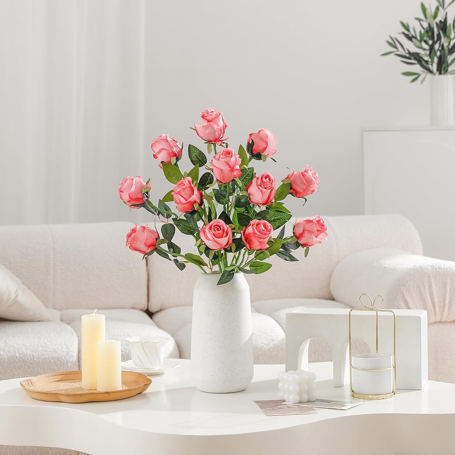 12Pcs Deep Pink Roses Artificial Flowers – Realistic Silk Velvet Fake Flowers With Long Stems For Valentines Day Wedding Bouquets Home Decoration Party Centrepieces & Diy Floral Arrangements