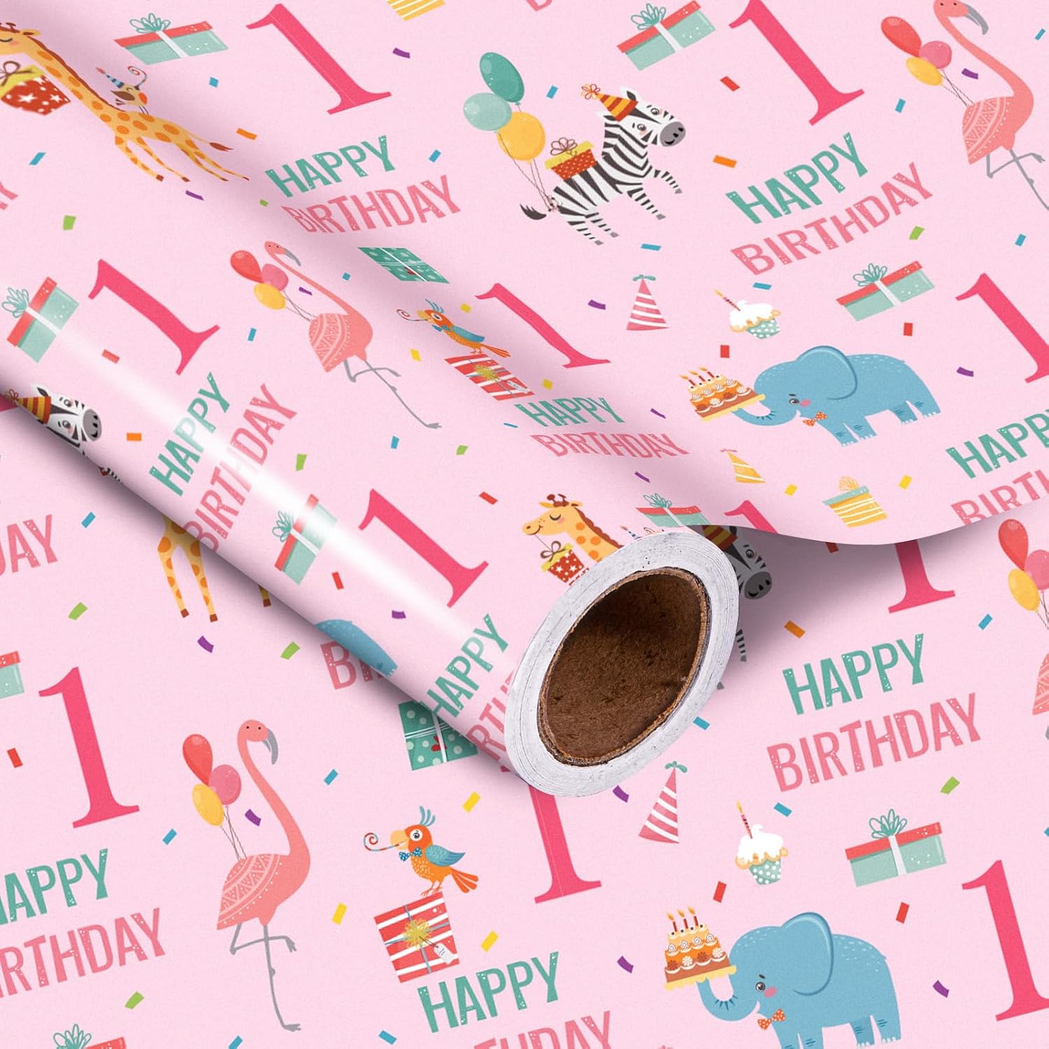3Rd Birthday Wrapping Paper Roll - Pink Happy Birthday With Cute Animal Design For Age3 Baby Girl, Party, Baby Shower - Mini Roll - 17 Inches X 16.4 Feet (23.2 Sq.Ft.)