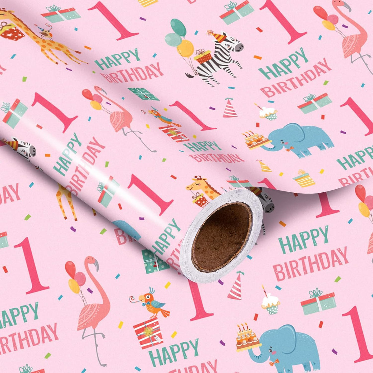 3Rd Birthday Wrapping Paper Roll - Pink Happy Birthday With Cute Animal Design For Age3 Baby Girl, Party, Baby Shower - Mini Roll - 17 Inches X 16.4 Feet (23.2 Sq.Ft.)