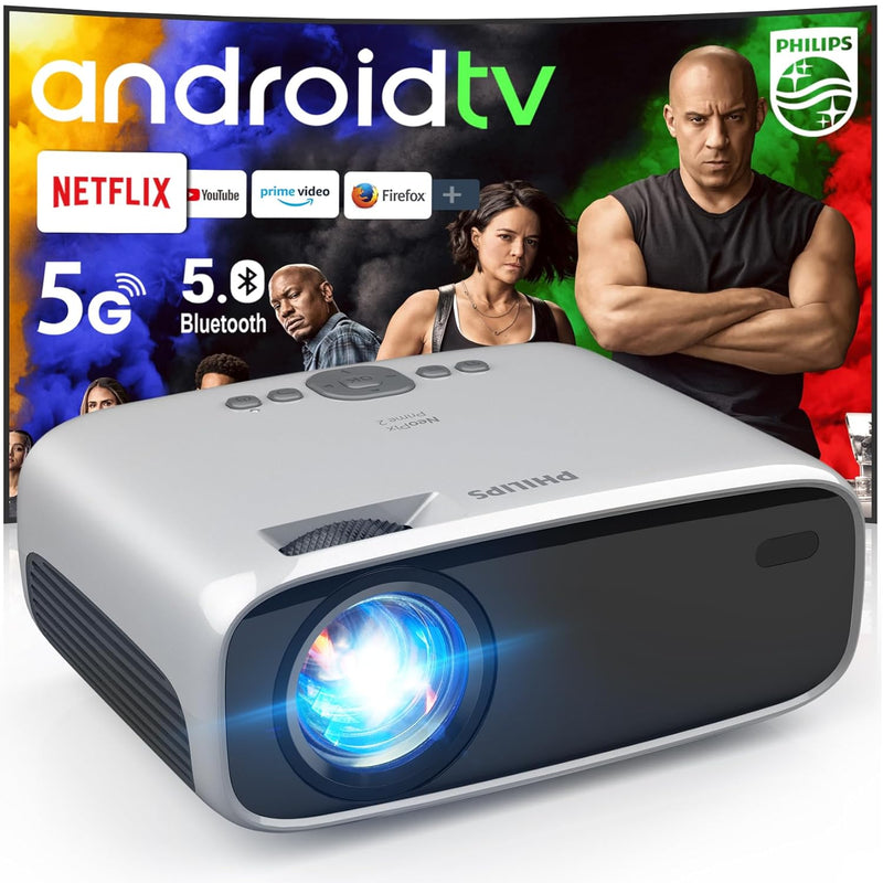 Android TV Projector - 5G WiFi, Bluetooth, Netflix, 4D Keystone, Zoom, HDMI