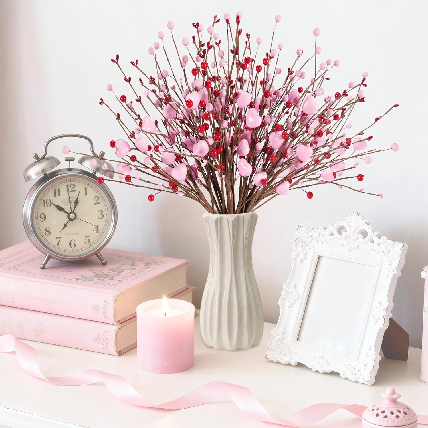 Valentines Day Decorations Valentine'S Day Gifts 24 Pack Pink Heart Shaped Berry Picks With Red Berries For Valentine Wedding Candlelight Dinner Anniversary Decorations (Pink)