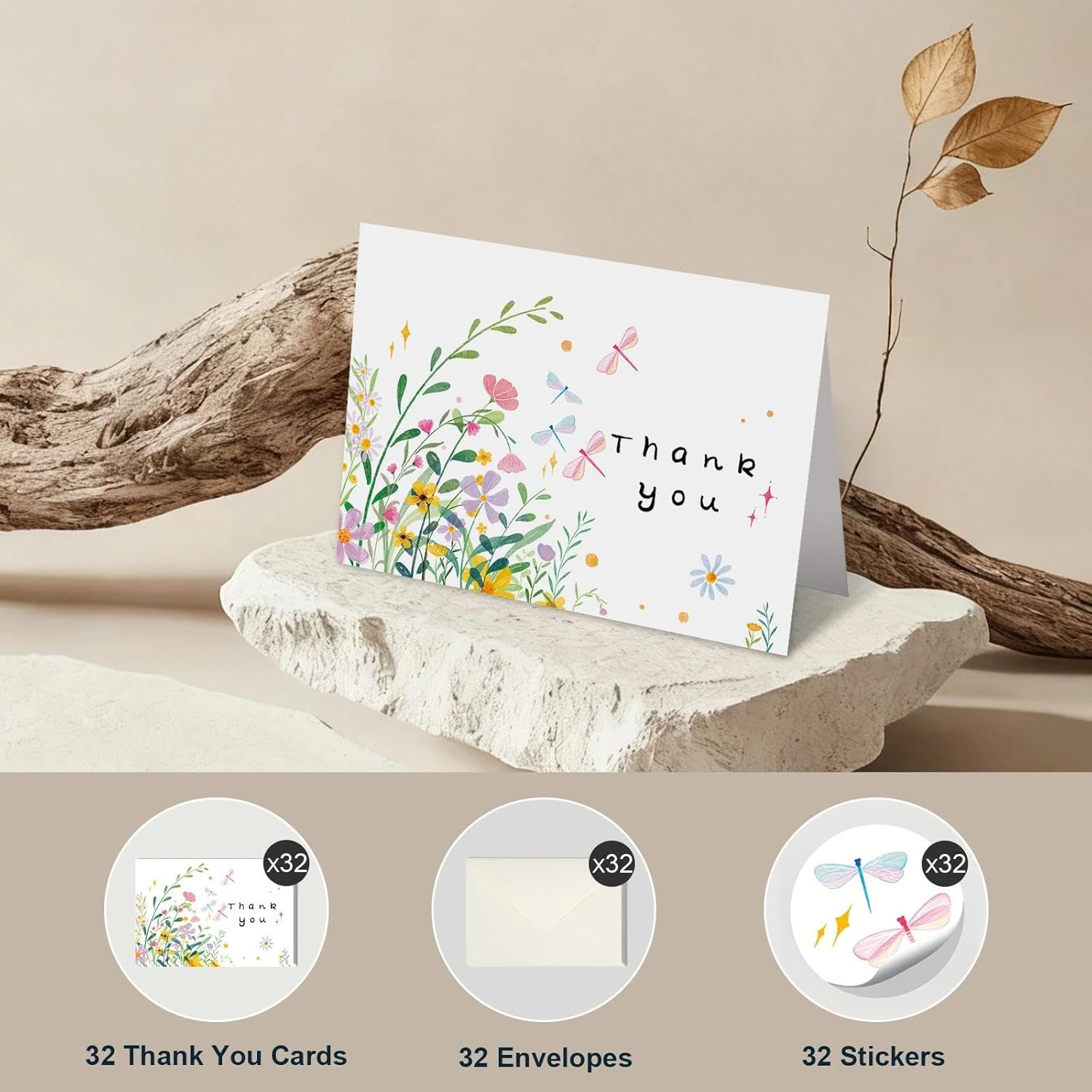 32 Floral Thank You Cards With Envelopes, 4X6 Inch Blank Cards With Vibrant Designs, Note Cards Made From 300Gsm Cardstock, Blank Notes For Graduation, Anniversaries, Baby Showers