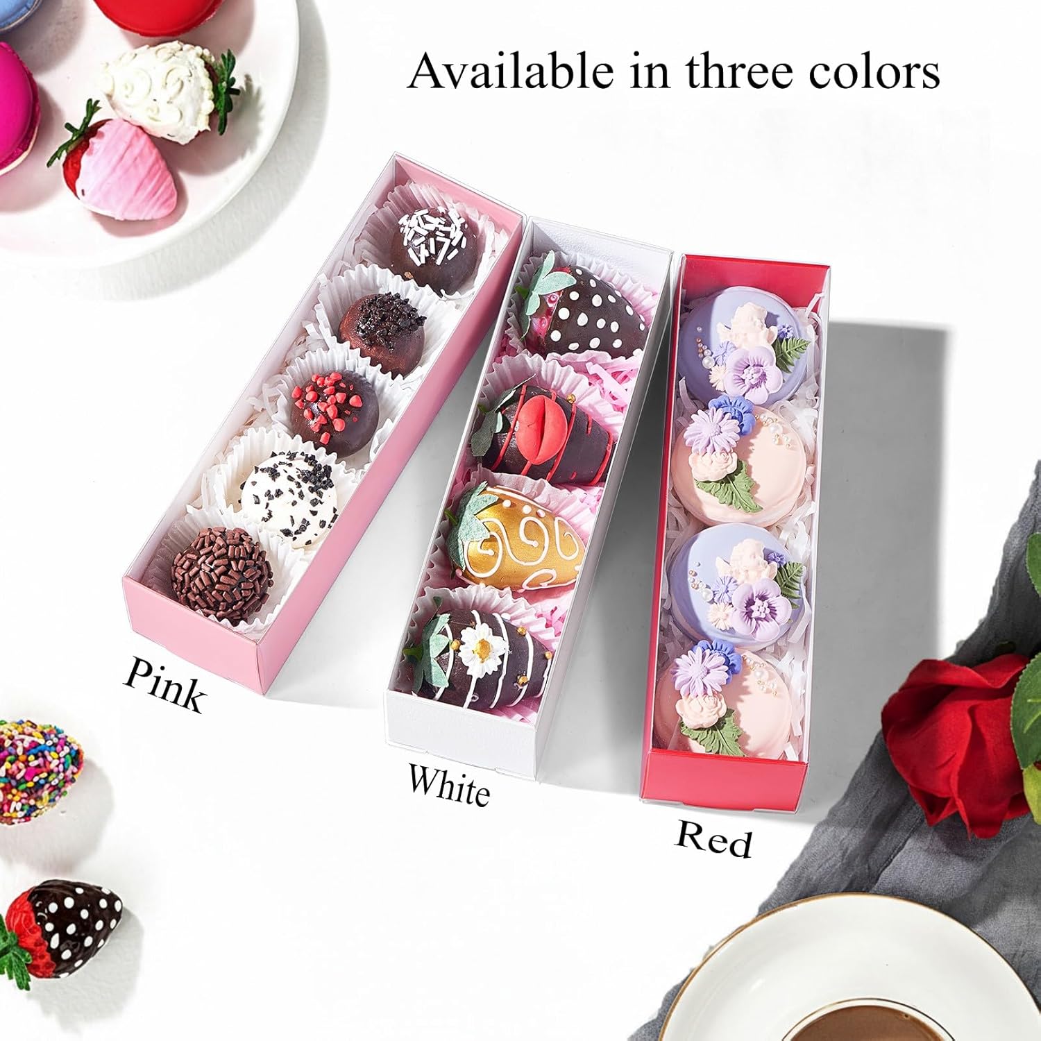 Bakery Packaging Supplies: 12Pack Red Chocolate Covered Strawberry Box For 4, Macaron Boxes, Long Treat Box For Truffles, Cookies, Ores, Chocolate Cocoa Bombs & Cake Ball