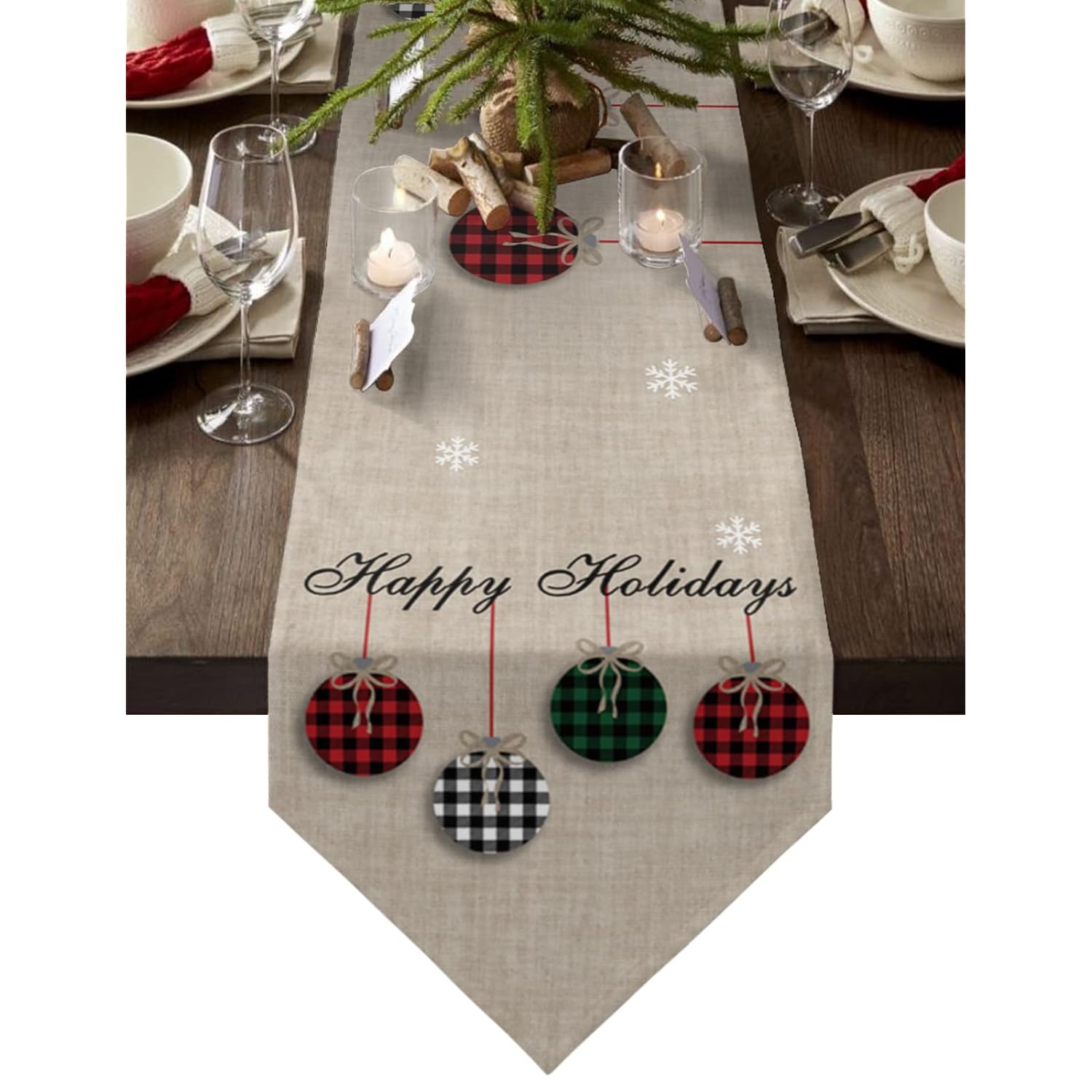 Christmas Theme Table Runners Cotton Linen Farmhouse Rustic Ornaments Plaid Balls Non-Slip Party Decorations Dresser Scarf For Kitchen ,Home ,Dining Table ,Outdoor,13X70 Inches Long Happy Holidays
