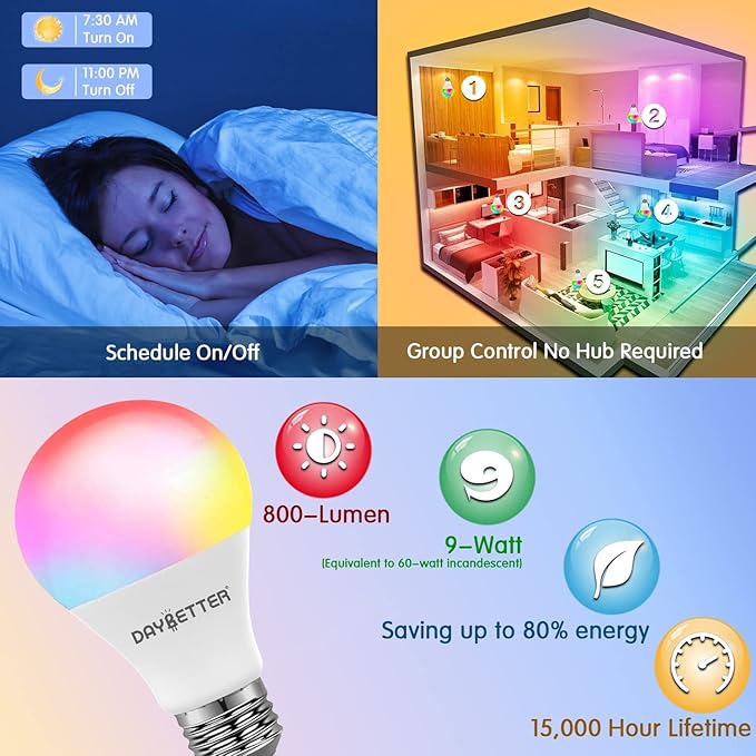 A19 Smart Light Bulbs 10 Pack RGBCW WiFi Color Changing LED 800LM E26 Alexa Google Assistant No Hub