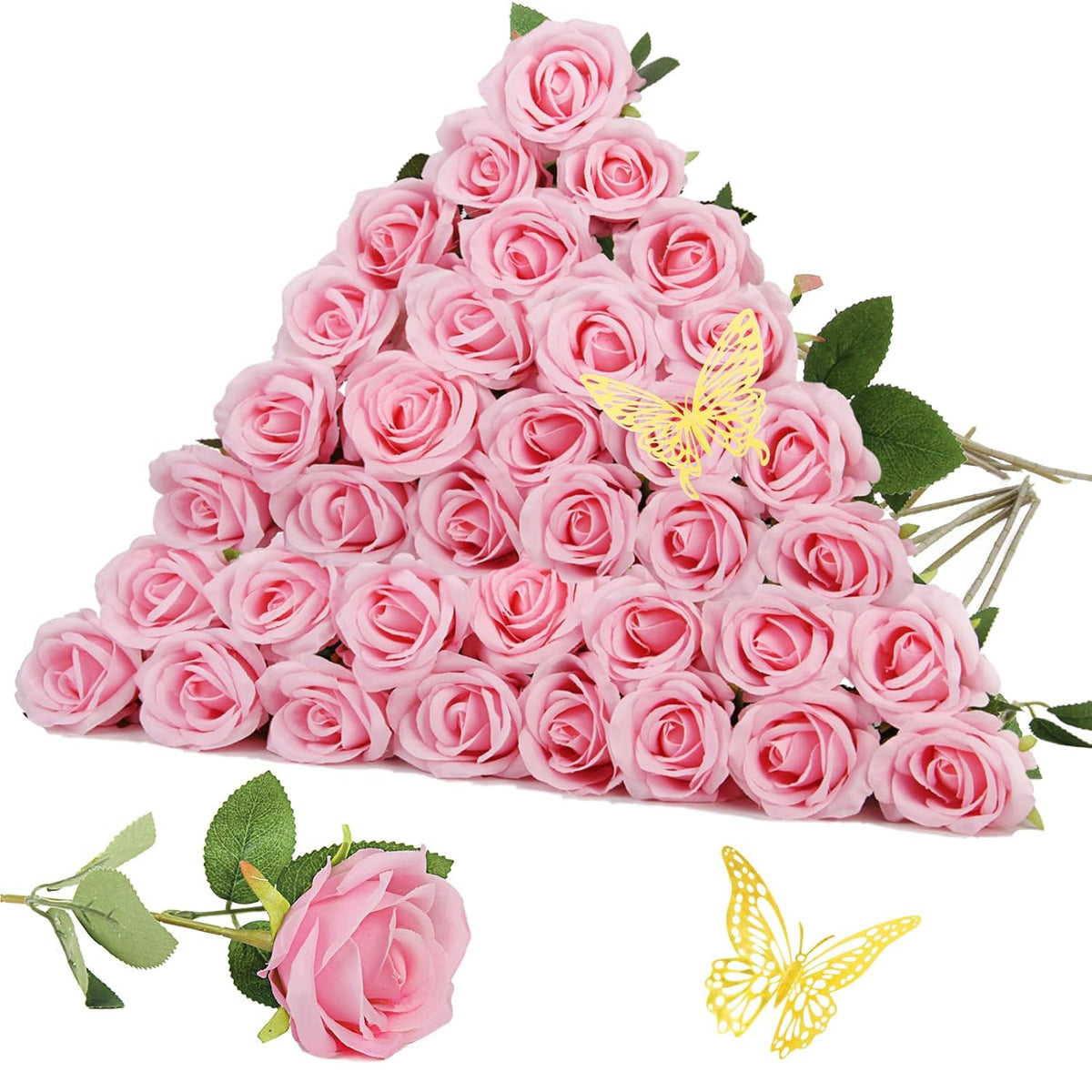 36Pcs Fake Roses Artificial Silk Flowers Artificial Roses With Long Stems - Pink Roses Faux Silk Roses Bulk, Realistic Roses Bouquet For Home Wedding Centerpieces Decoration Party Decor