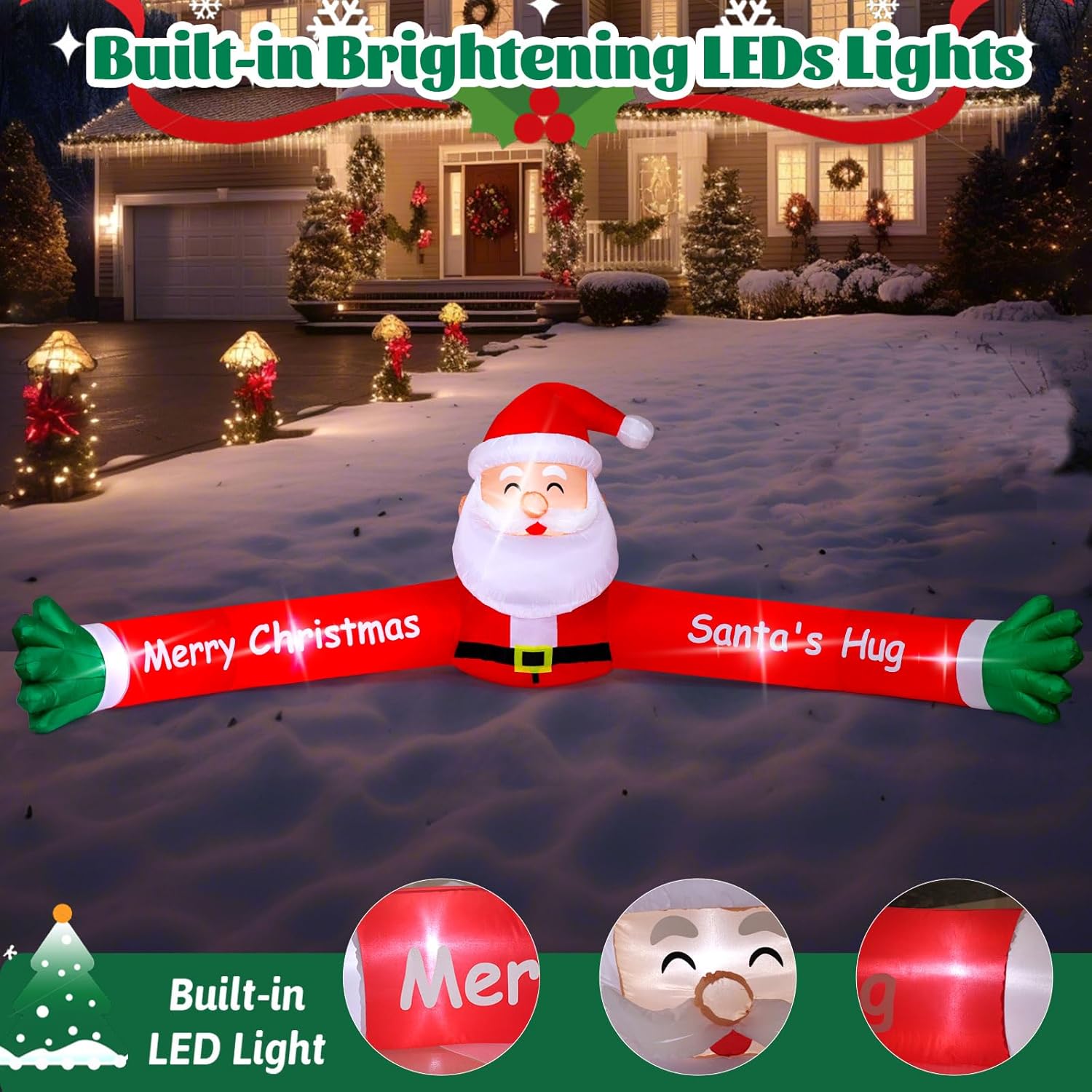 10Ft Christmas Santa Claus Long Arm Inflatables Outdoor Decorations, Christmas Blow Up Hug Santa Claus Decoration With 5