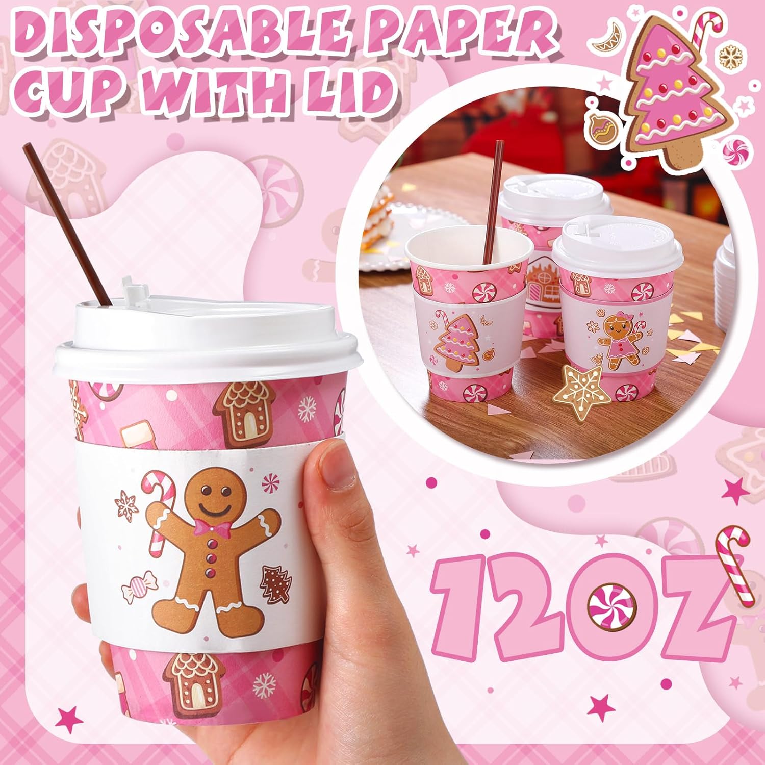 Gingerbread Man Party Disposable Coffee Cups With Lids, Sleeves And Stirrers 50 Pack 12 Oz Hot Cups Baby Shower Decoration For Fall Baby Shower Gender Reveal Party Christmas