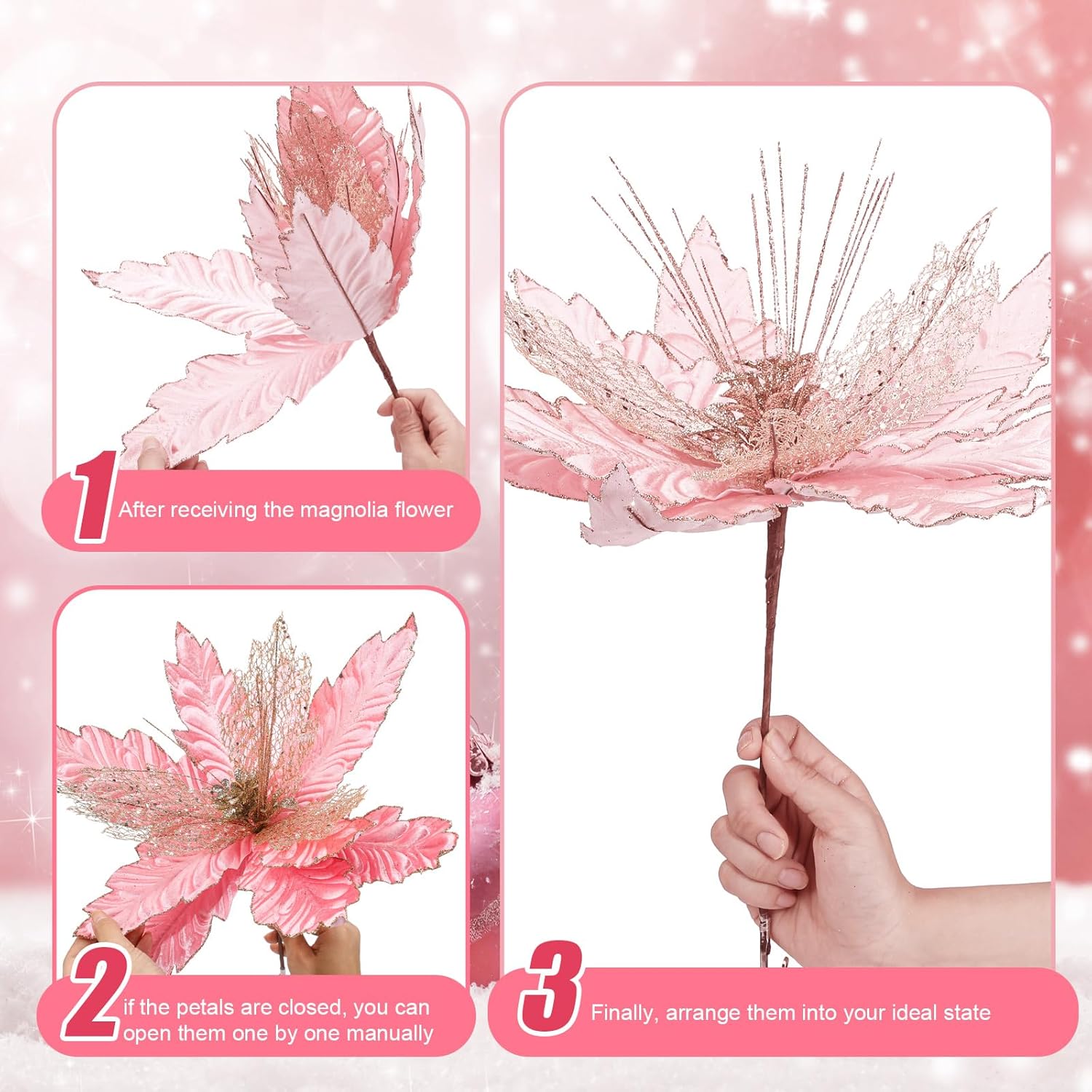 6 Pcs 18 X 15 Inch Large Pink Christmas Poinsettia Flowers Jumbo Rose Gold Xmas Ornament Pink Christmas Tree Decorations Rose Gold Glitter Poinsettia For Wreath Garland Indoor Outdoor Decor