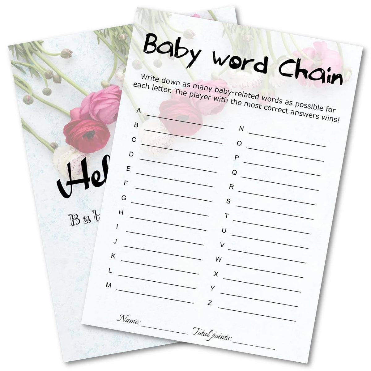 Baby Shower Word Chain Trivia Game Cards - 30 Players Snow Rose, Minimalist Party Game, Instant Fun With Answer Keys, Family & Friend Activity, 5X7 Inch (Word Chain)