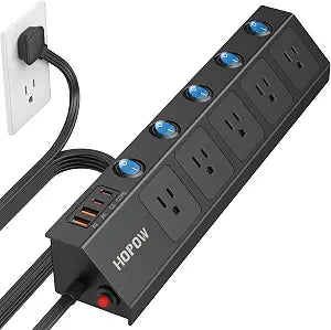 Power Strip Surge Protector 5 Outlets 4 USB Ports PD20W 10FT Extension Cord Black
