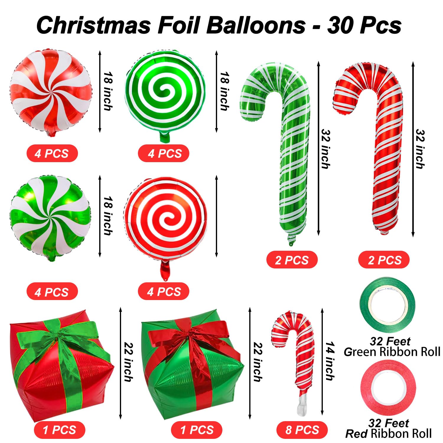 Christmas Cane Candy Balloons Red Green Candy Cane Gift Box Foil Balloons For Sweet Candies Theme Party Decorations 30 Pcs