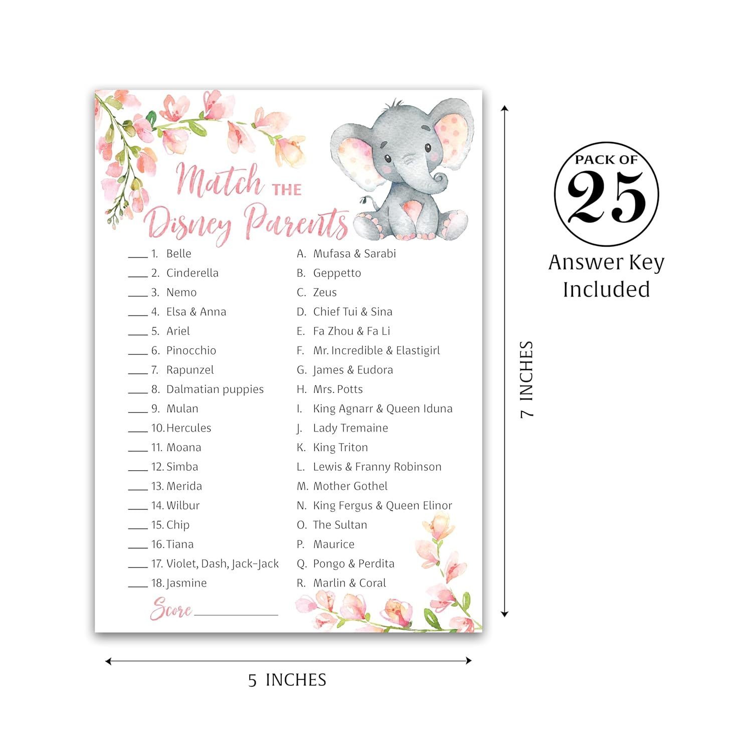 Girl Baby Shower Game — Cartoon Parent Match Baby Shower Game — Pack Of 25 — Floral Pink Elephant Baby Shower Game, Match Famous Cartoon Parents Fun Shower Activity, Star Kids Match Game G530-Dpm