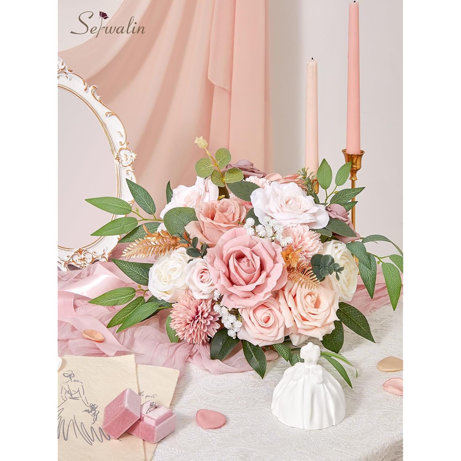 Artificial Flowers Pink Wedding Decor, Pink Flowers Cake Decoration Fake Flowers, Silk Flowers Bridal Bouquets Centerpieces Dusty Rose Flowers Box Diy White Roses Home Decor