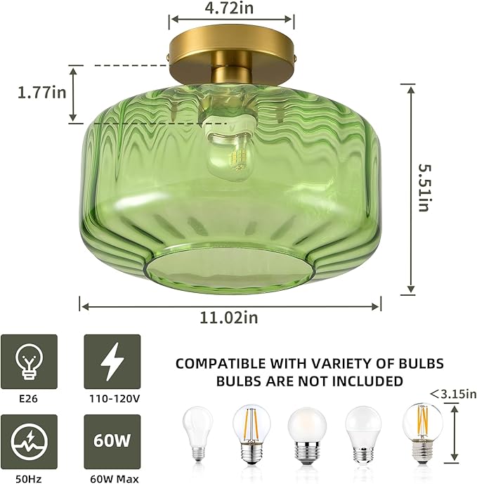 11 Inch Green Glass Semi Flush Mount Ceiling Light Luxury Round Ceiling Fixture