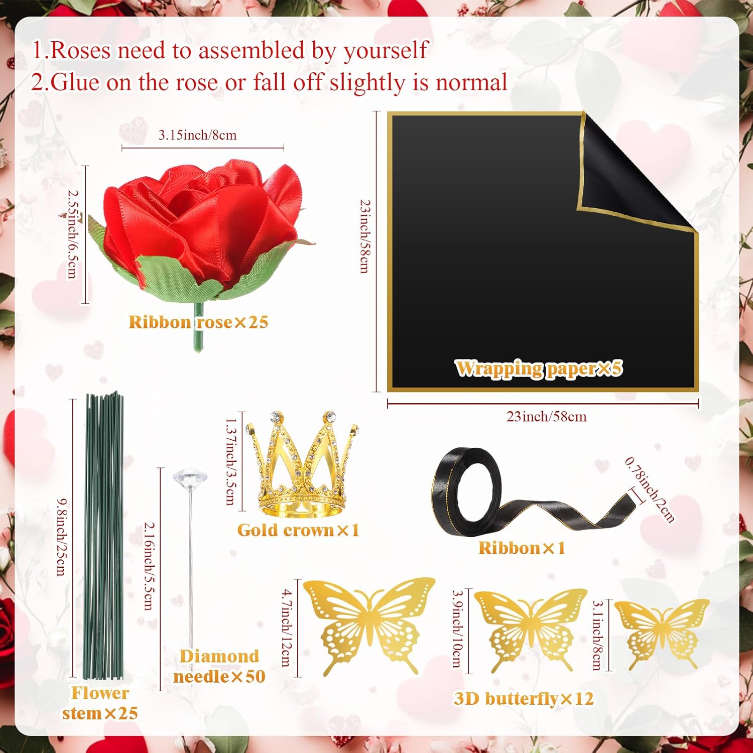 25 Sets Ribbon Rose Bouquet Diy Fake Roses With Stems Faux Flowers Bouquet Kit Wrapping Paper Crown 3D Butterflies For Christmas Anniversary Birthday Wedding Gift(Red)