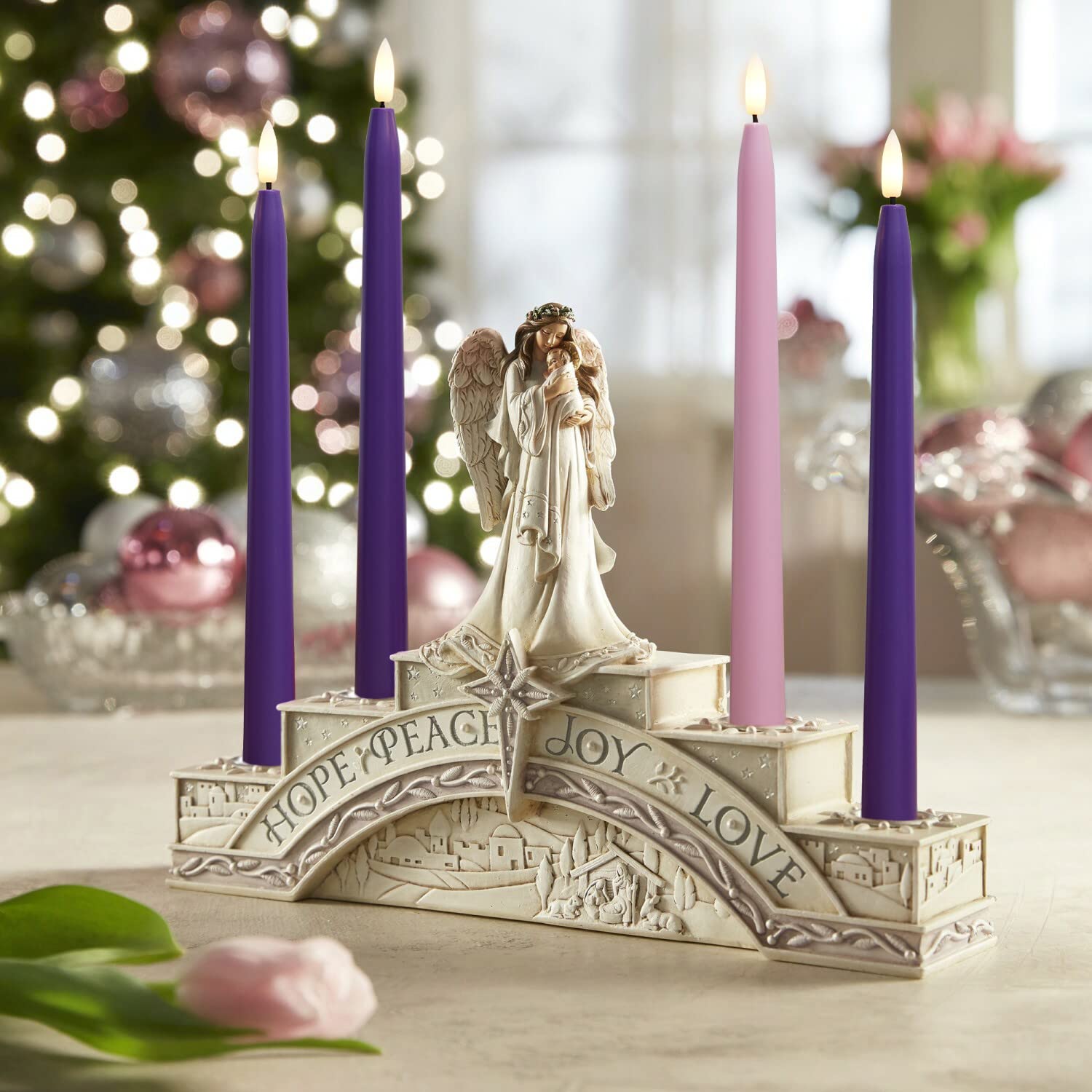 Flameless Advent Candles, Set Of 4 - Flickering Led Flame, 11 Inch Taper Candlesticks, Remote Controlled, Purple And Pink For Christmas Wreath