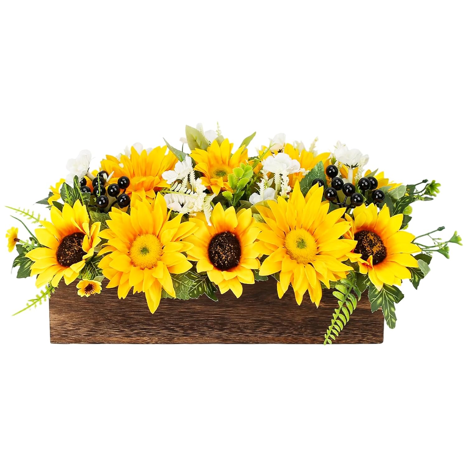 Sunflower Arrangement Centerpiece Table Decorations,Sunflowers Daisy And Berry Green Leaf Floral Artificial Flowers With Wood Tray For Dining Table Coffee Table Farmhouse Room Mantel Décor