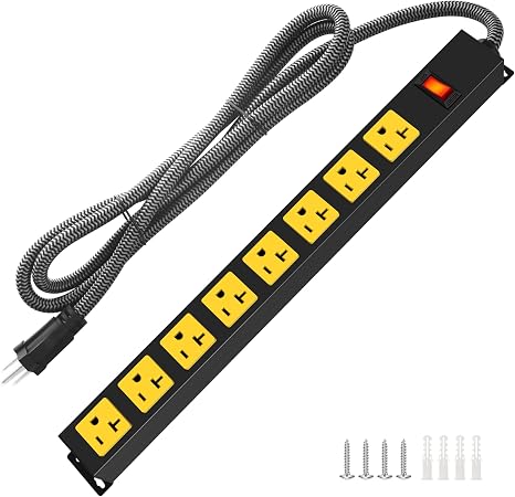 Heavy Duty 20A Surge Protector Power Strip 8 Outlets 1200J 12AWG 6FT Metal Yellow